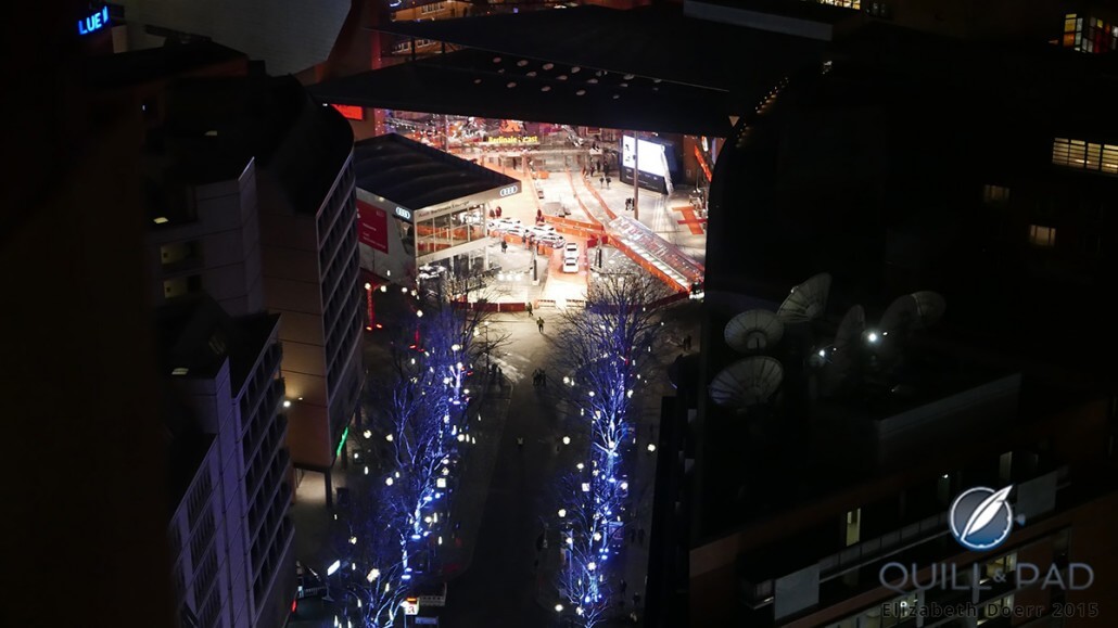 View down to the red carpet at the 2015 Berlinale from Glashütte Original's lounge on the 24th floor of the Kollhoff Tower at Potsdamer Platz