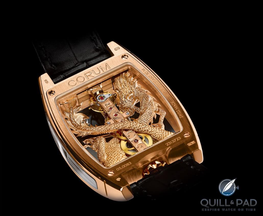 The dragon's tail wraps around the back of the Corum Golden Bridge's central gold bridge