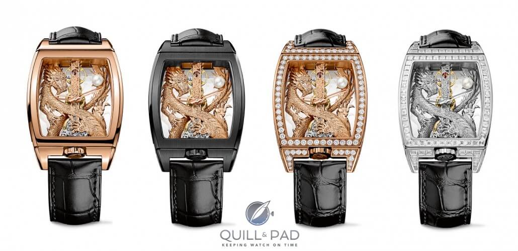 A family of Corum Golden Bridge Dragons: (l to r) red gold, DLC-treated titanium, diamond-set red gold, diamond-set white gold