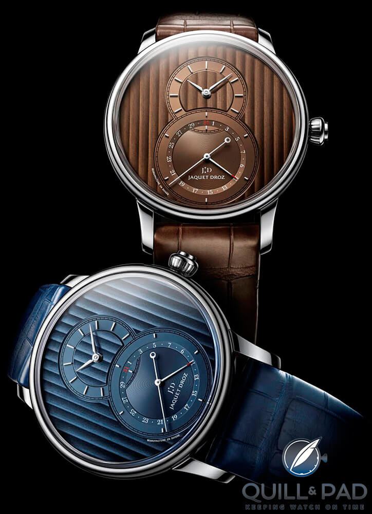 Jaquet Droz Grande Séconde Quantième in blue and brown dial variations