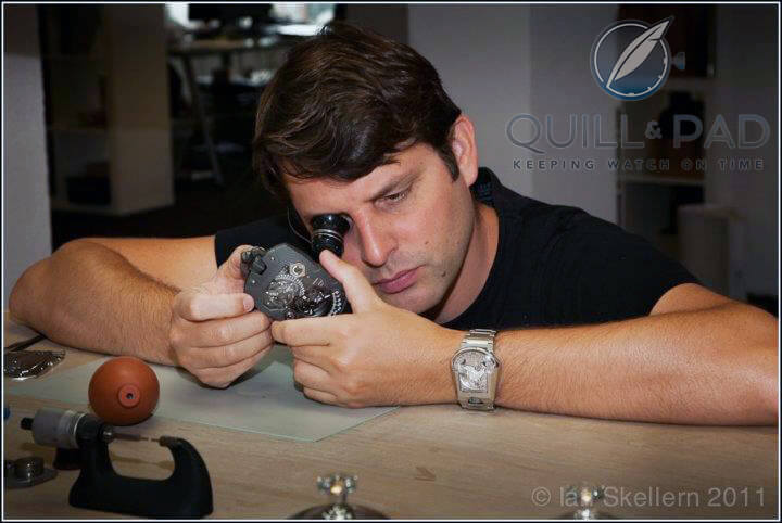 Felix Baumgartner examining the Urwerk UR-1001 Zeit Device