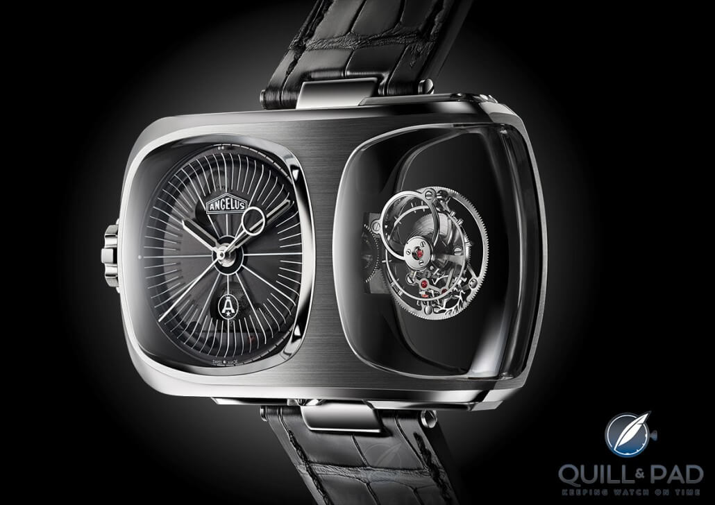 The flying tourbillon of the Angelus U10 Tourbillon Lumière appears to be floating in space alongside the watch it is regulating