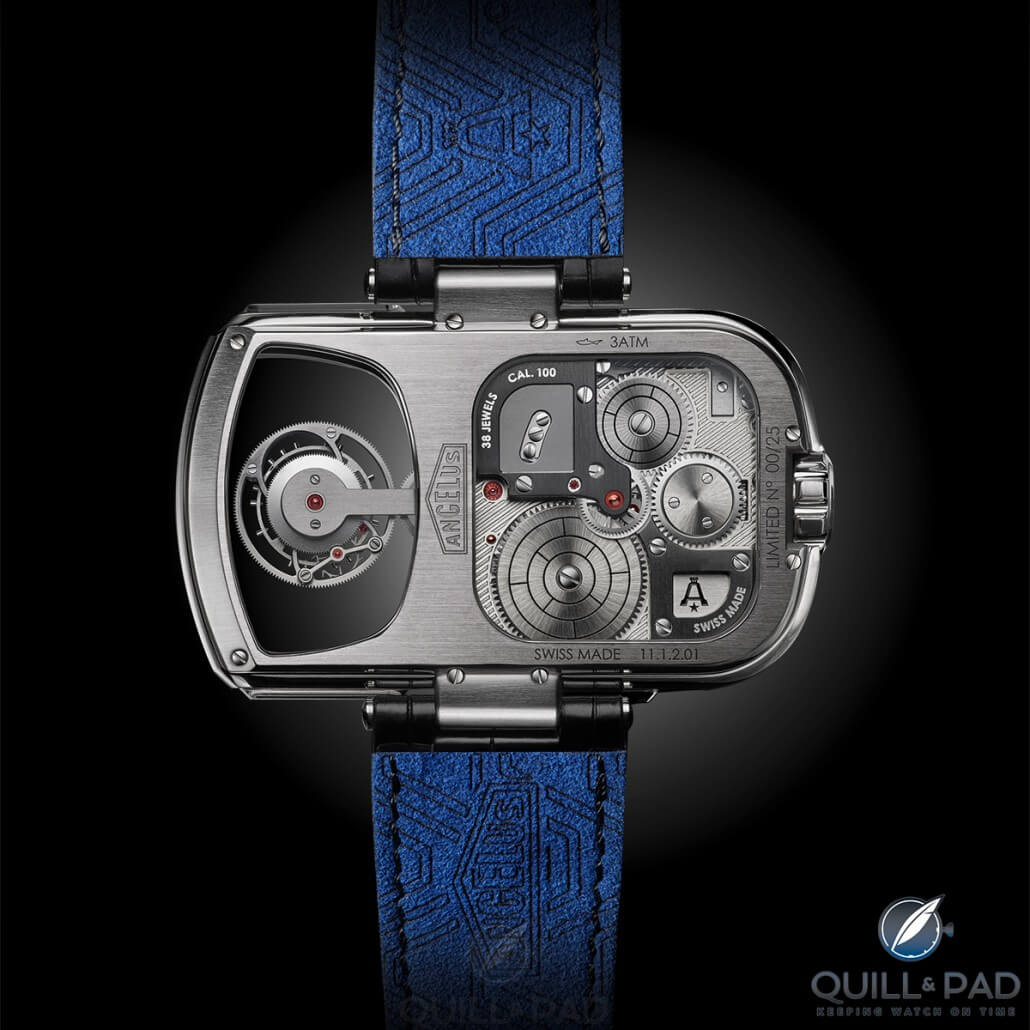 View through the display back of the Angelus U10 Tourbillon Lumière