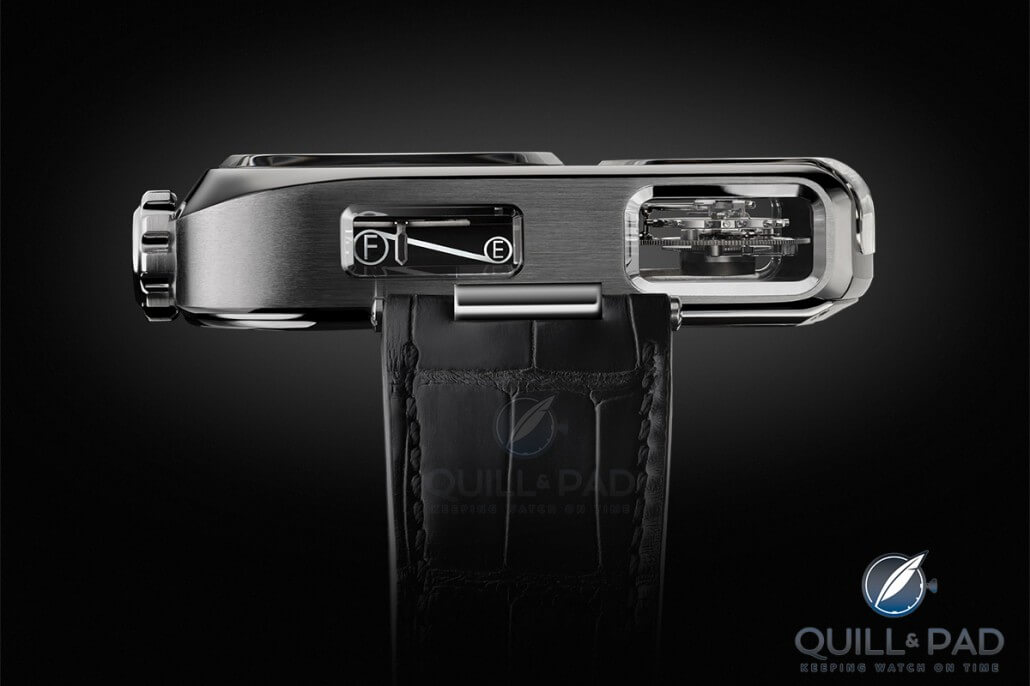 Windows in the case band of the Angelus U10 Tourbillon Lumière reveal the power reserve indicator (left) and tourbillon (right)