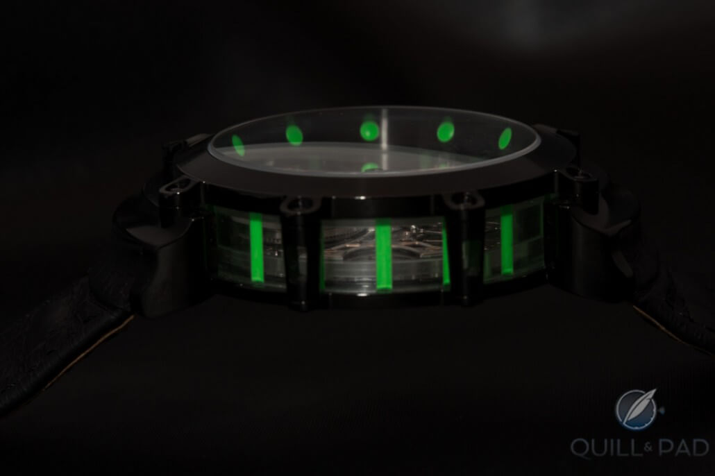 Lume: In the dark the Bulgari Black Sapphire Tourbillon looks like a spacecraft landing