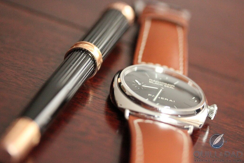 Edelberg Tachys Scope in red gold, black acrylic and SuperLumi-Nova (€900) with a Panerai (photo courtesy Boris Pjanic)