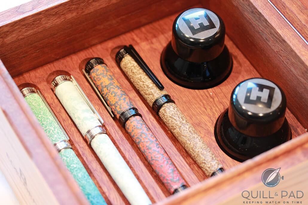 A set of four limited edition Edelberg Tachys pens with hand-painted barrels and caps by Alvaro Soler (photo courtesy Boris Pjanic)