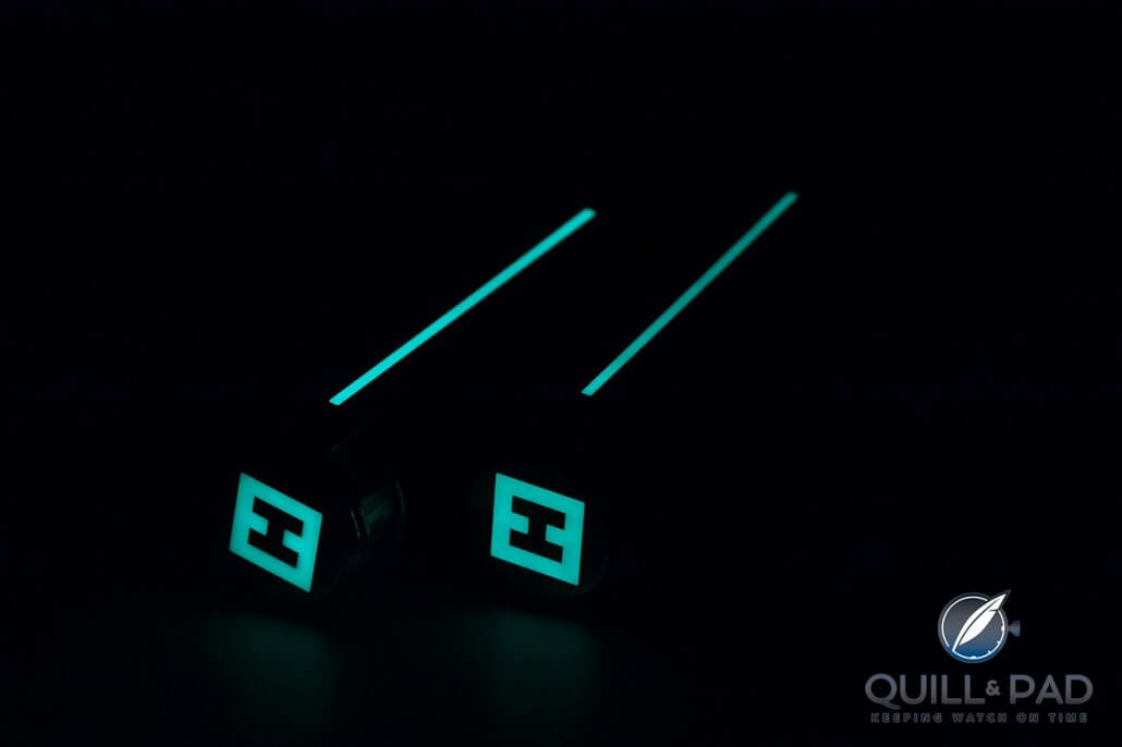 The stripe down the barrel of the Edelberg pen has been engraved then filled with eye-catching glow-in-the-dark lume