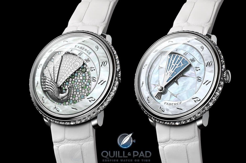 Fabergé Lady Compliquée Peacock (left) and Lady Compliquée Winter