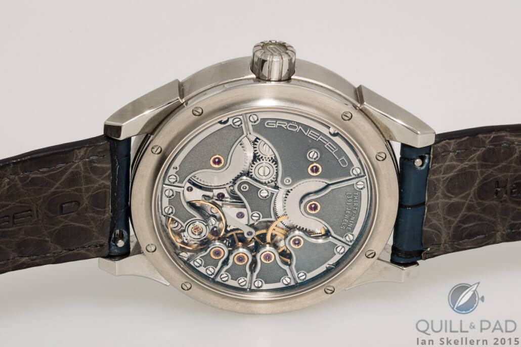 View through the display back of the Grönefeld One Hertz revealing the beautifully hand-finished stainless steel bridges
