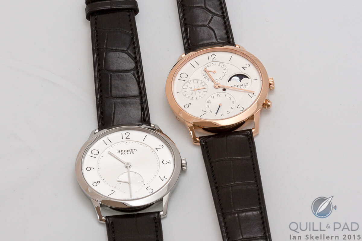 Slim d’Hermès 39.5 in steel (left) and Slim d’Hermès 39.5 Perpetual in red gold