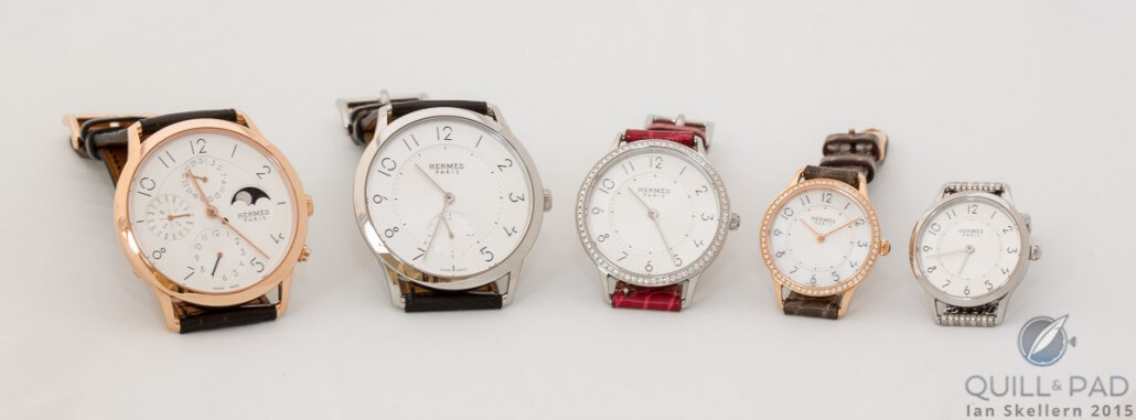 Meet the Slim d’Hermès family: (L-R) 39.5 mm Perpetual Calendar in red gold, 39.5 mm in steel, 32 mm with diamond-set bezel, 25 mm with diamond-set bezel, 25 mm with metal bracelet