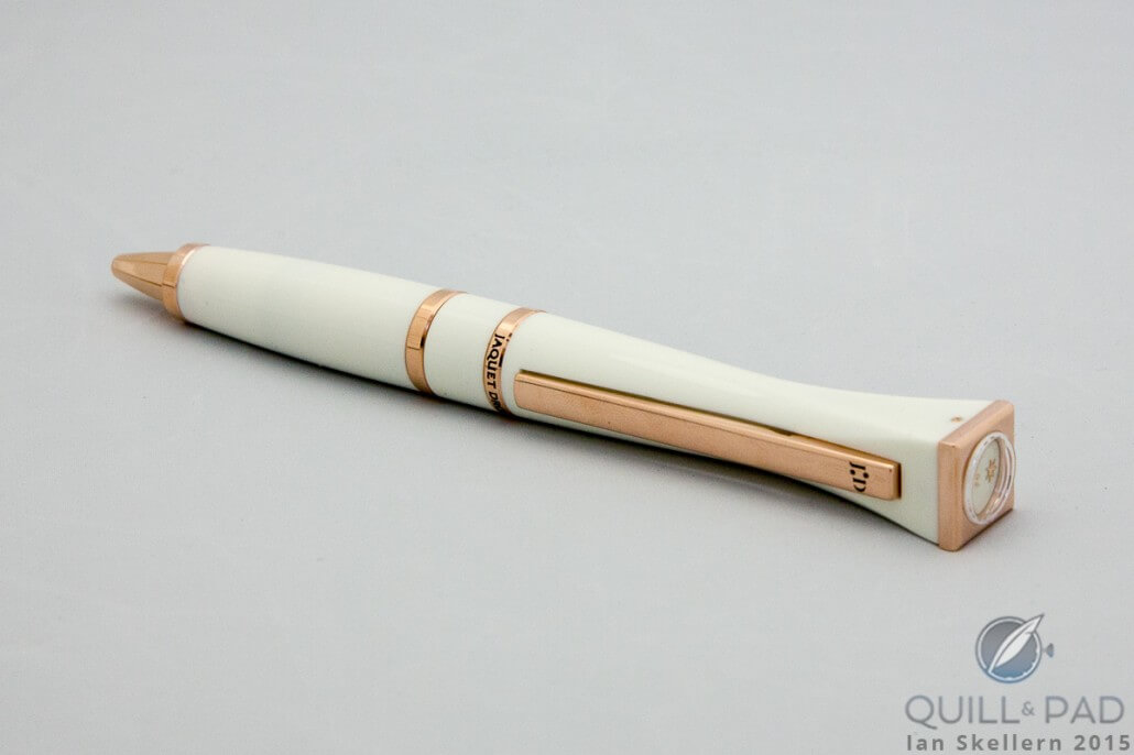 The square end of the Jaquet Droz pen prevents it from rolling off inclined surfaces