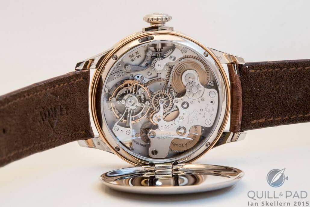 The Leroy Osmior Chronomètre à Tourbillon looks sensational on the movement side with its large balance wheel and chain and fusée