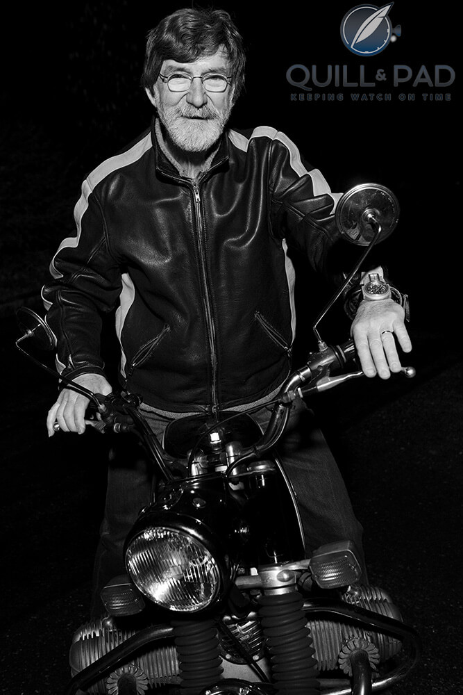 Miki Eleta on an old BMW motorbike similar to that which inspired the Timeburner