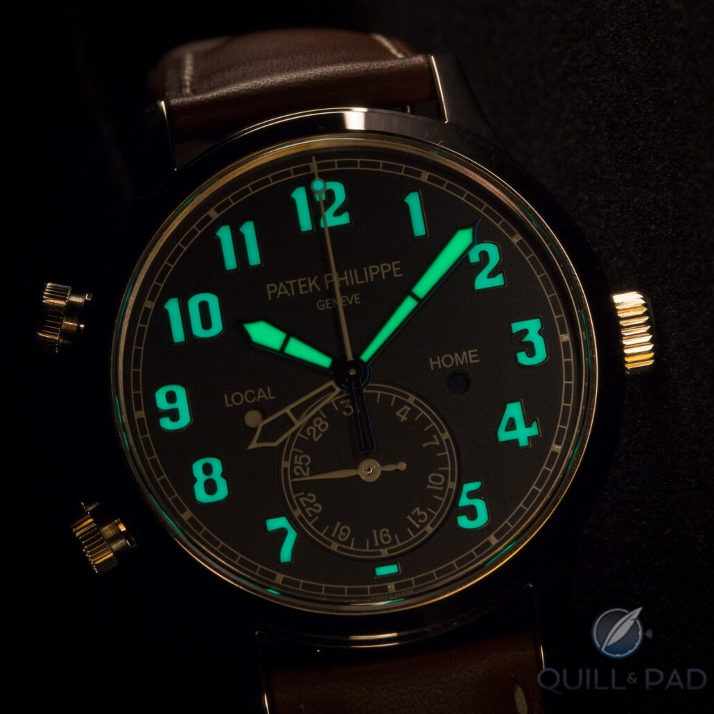 The Patek Philippe Calatrava Pilot Travel Time Reference 5524 was one of the most talked about watches from Baselworld 2015 . . . and had one of the brightest lumes