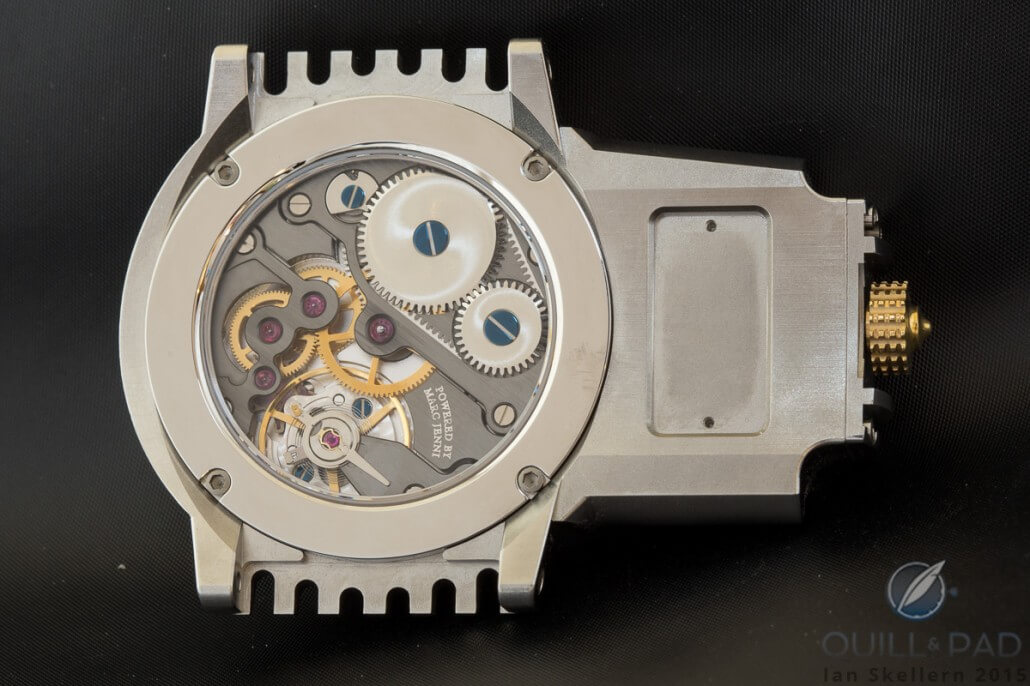 View through teh display back of the Timeburner revealing the nicely finished Unitas movement engraved