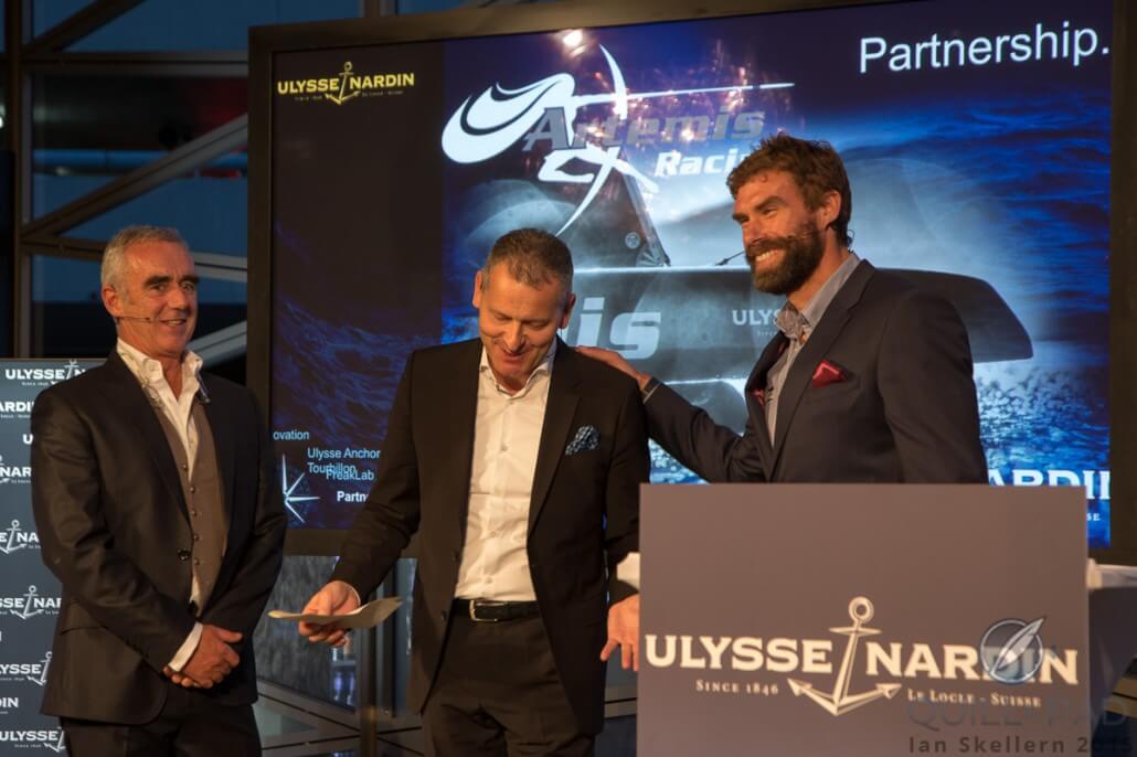 L-R: Loïck Peyron (Artemis Racing), Patrik Hoffmann (CEO Ulysse Nardin), and Iain Percy (Artemis Racing)