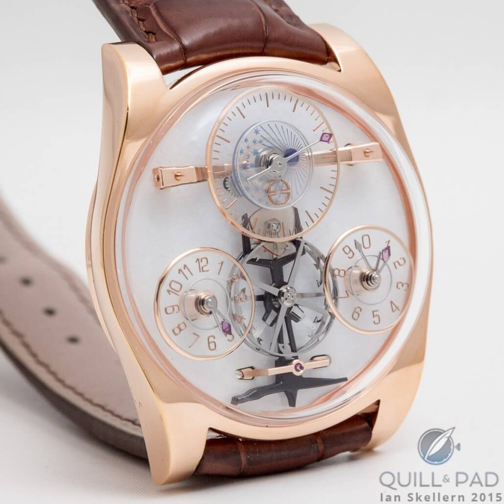 Complication 1 by Emmanuel Bouchet. The escapement for the indications is the dark mechanism on the lower half of the dial