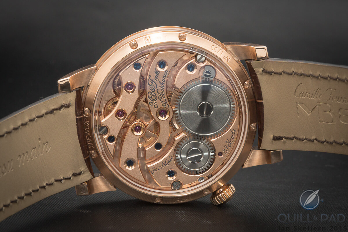 The LM101 Frost movement architecture and finishing are faithful to a style found in historic timepieces