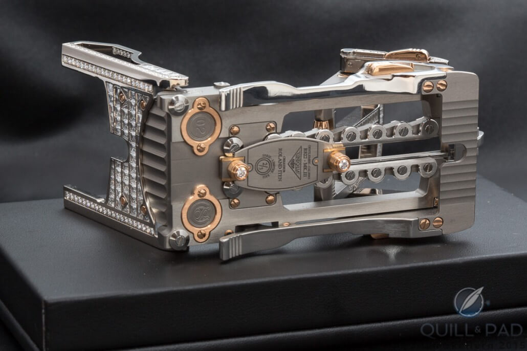 A look underneath a Roland Iten diamond-set R822 buckle