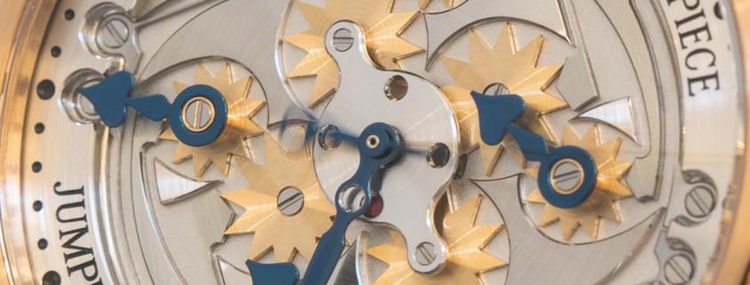 Close up view of the dial side jump mechanisms of the Speake-Marin Jumping Hours