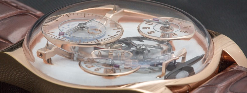 This side view highlights the incredible three-dimensionality of the dial of Emmanuel Bouchet's Complication 1. Note the distinctive pointy cones supporting the bridges