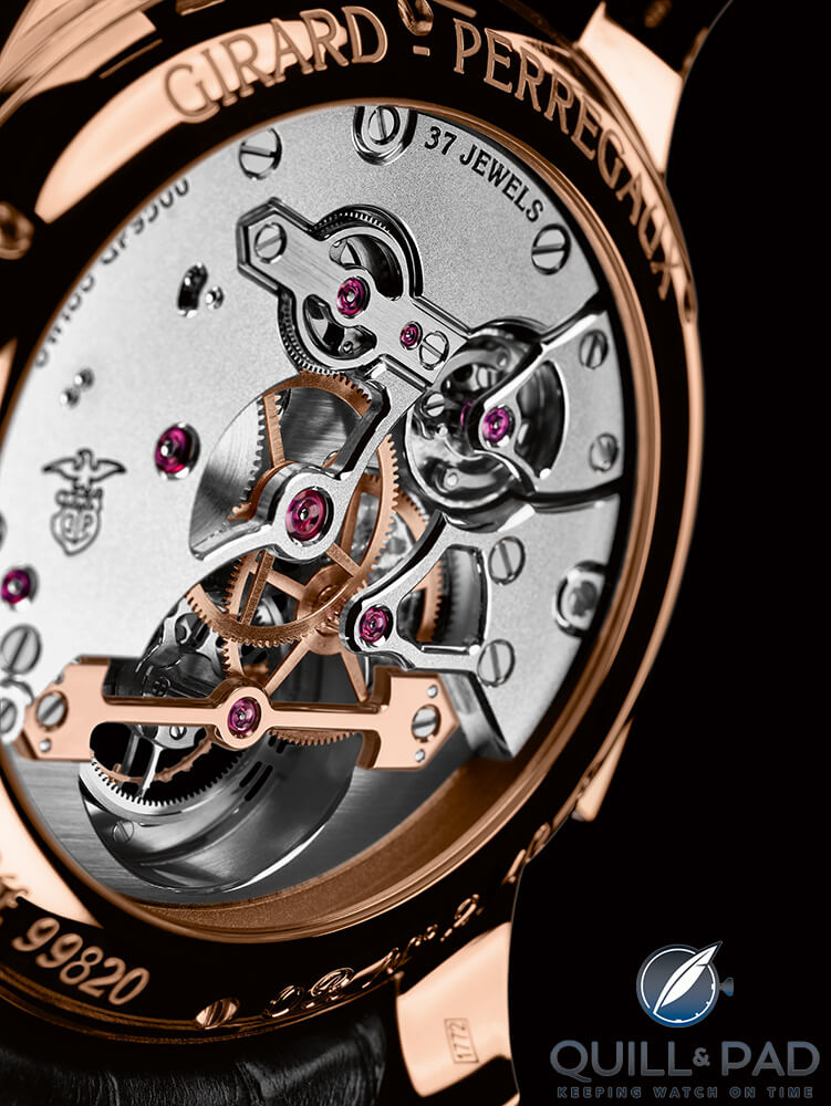 View through the display back of a Girard-Perregaux Minute Repeater Tourbillon with Gold Bridges