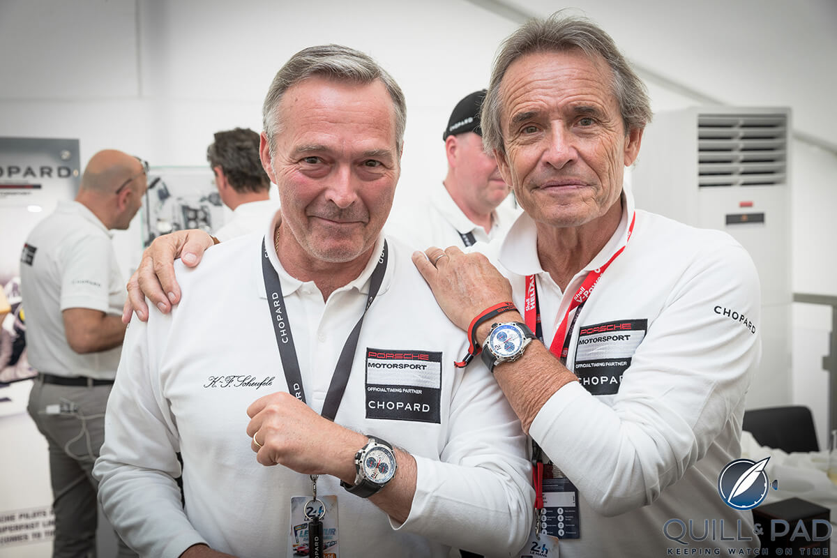 Chopard co-president Karl-Friedrich Scheufele (left) and racing legend Jacky Ickx wearing the limited edition Superfast Chrono Porsche 919 Jacky Ickx Edition