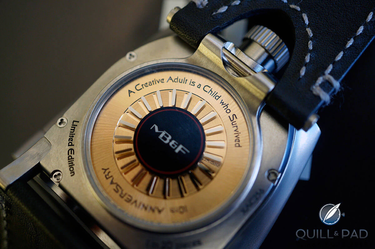 The full mystery rotor visible through the display back of the MB&F HMX