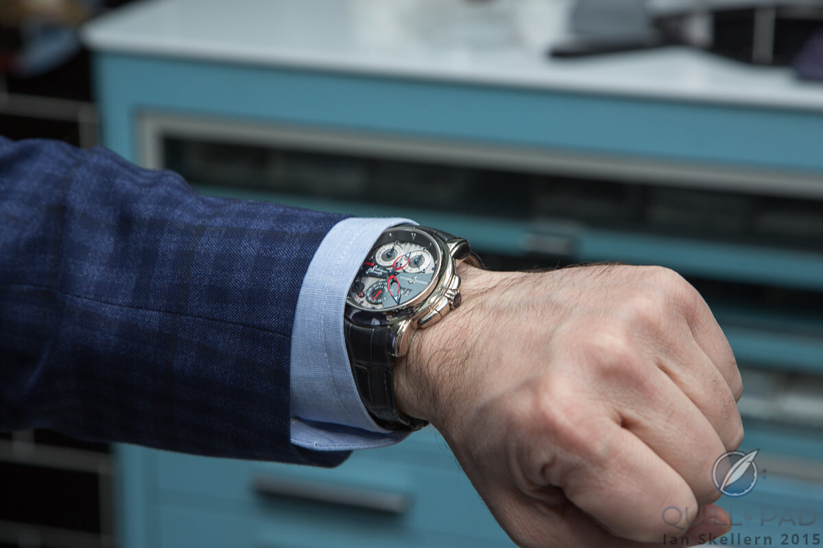 Wristshot of the Ulysse Nardin Sonata on the wrist of Mo Coppoletta
