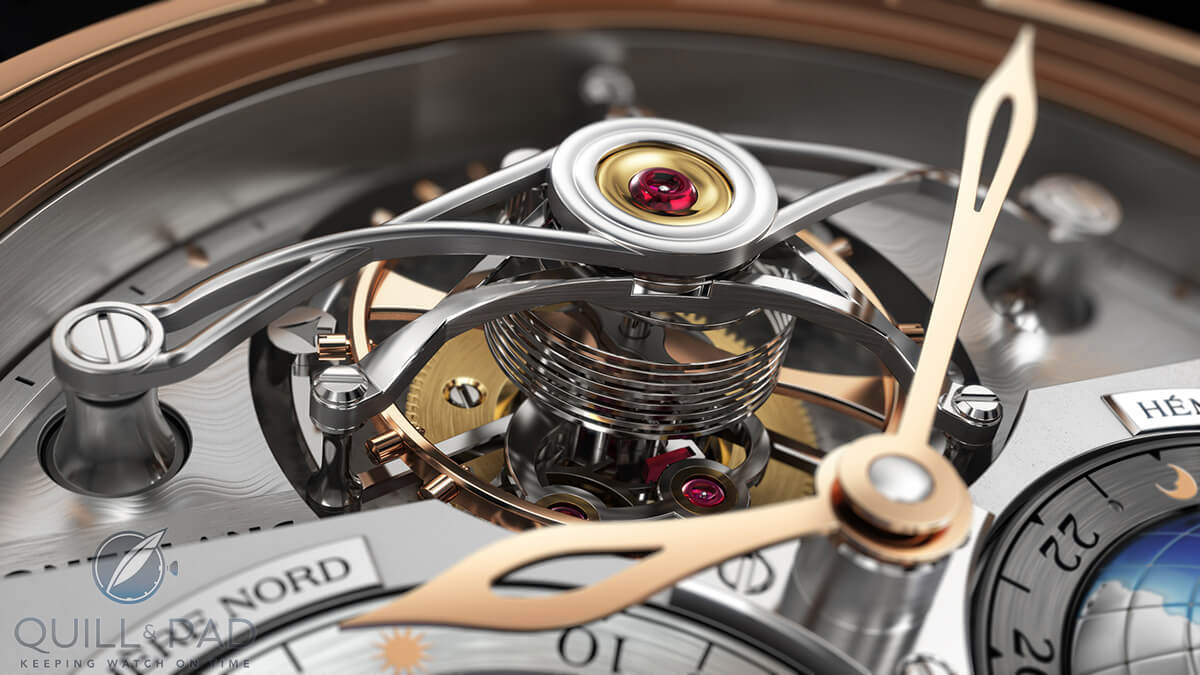 The mesmerizing cylindrical balance spring and elegant bridge of the Montblanc Tourbillon Cylindrique Geosphères Vasco da Gama