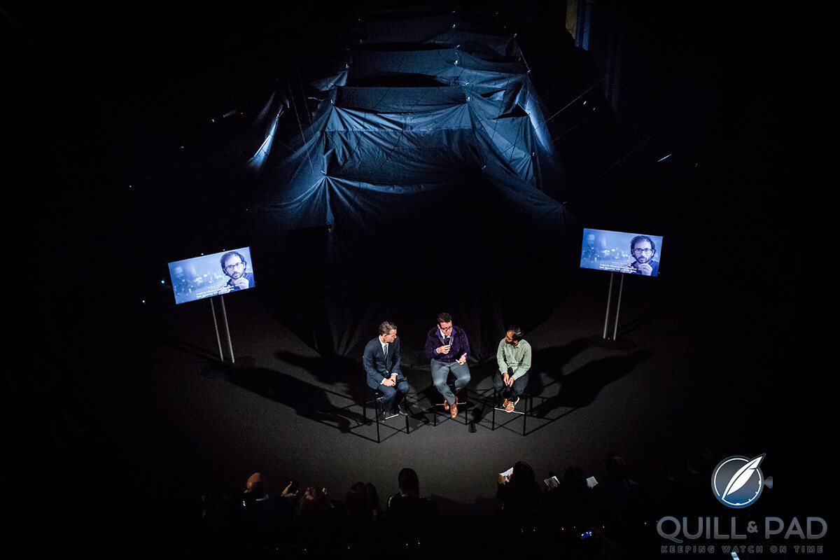 It's a tent: (l to r) Marc-Olivier Wahler, François-Henry Bennahmias, and Robin Meier discuss the