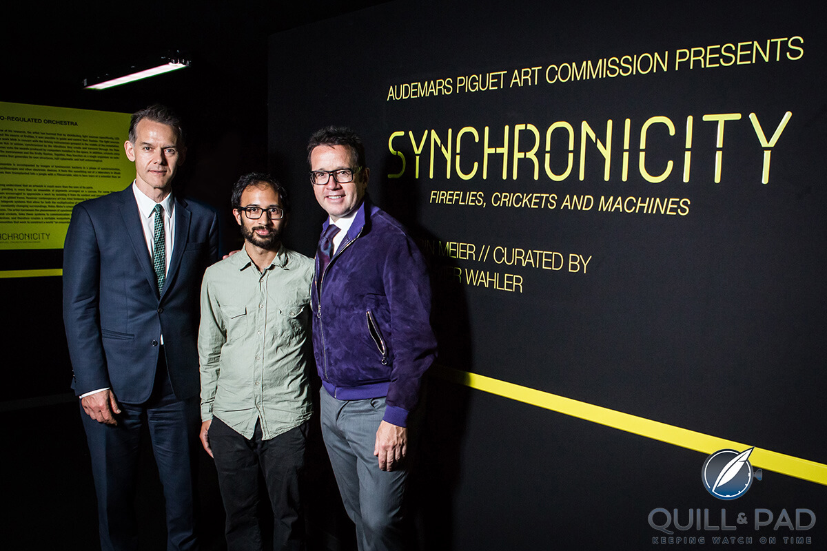 L to R: curator Marc-Olivier Wahler, artist Robin-Meier, and Audemars Piguet CEO François-Henry Bennahmias at the opening of the