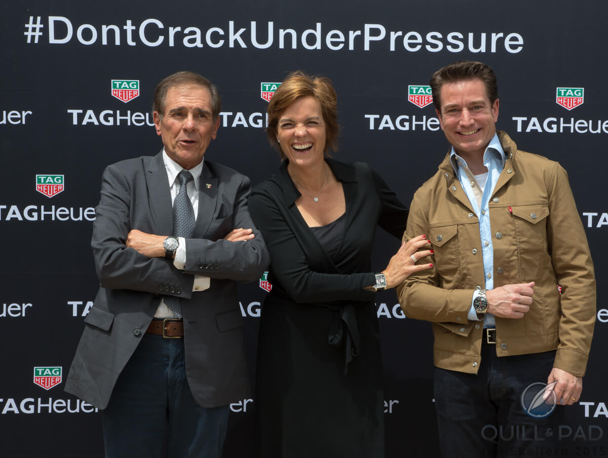 L-R: Eduardo Leon (President of the Carrera Panamericana), Valérie Servageon (TAG Heuer International), and Hilaire Damiron (TAG Heuer driver for the 2015 Carrera Panamericana)