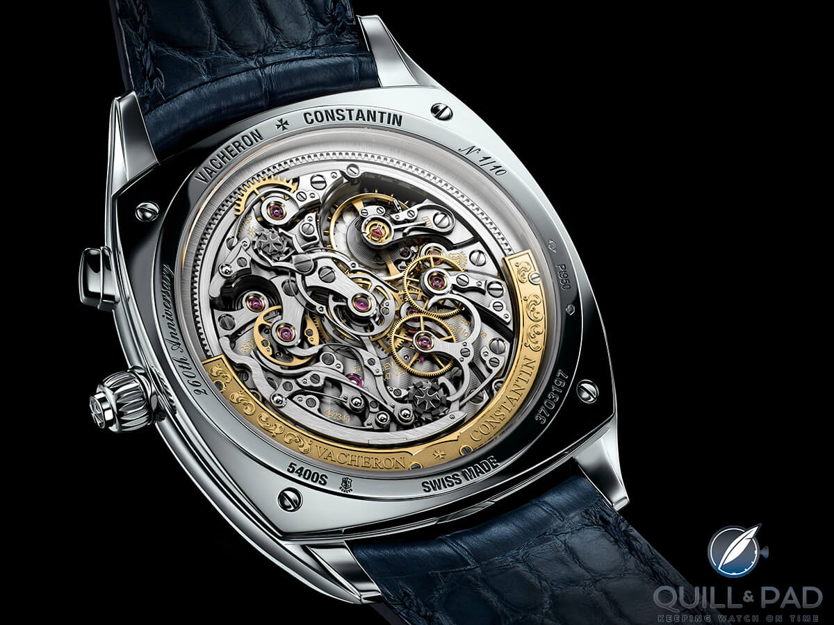 The caliber 3500 movement visible through the display back of the Vacheron Constantin Harmony Ultra-Thin Grande Complication Chronograph