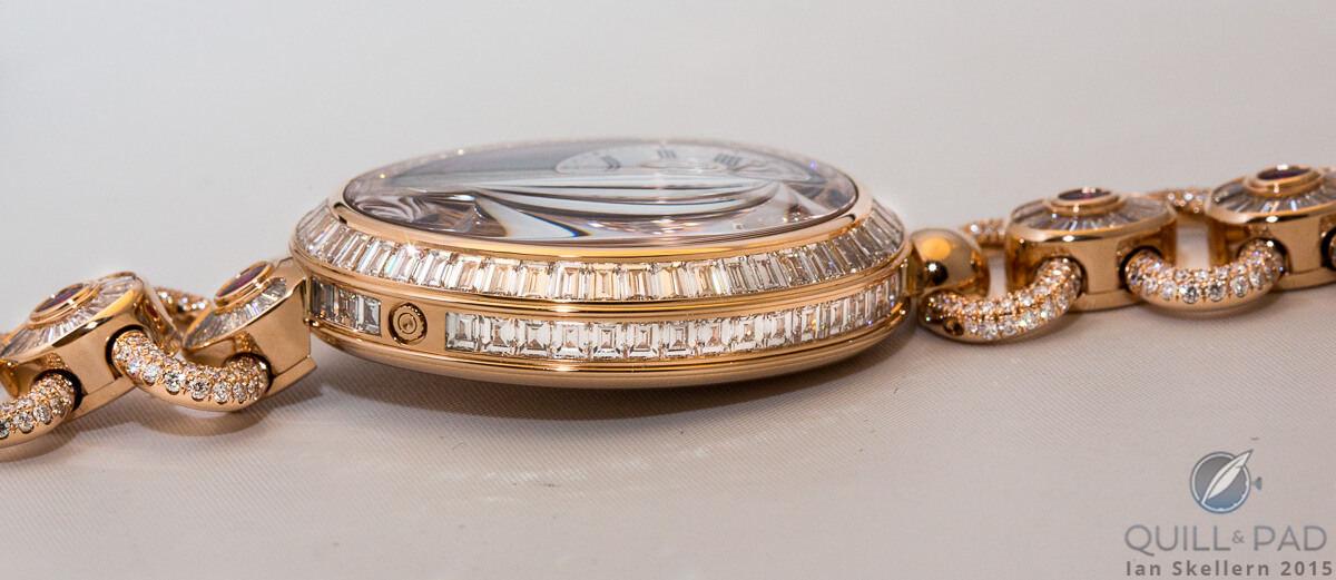 Two rows of baguette-cut diamonds line the case band of the Breguet Reine de Naples Haute Joaillerie