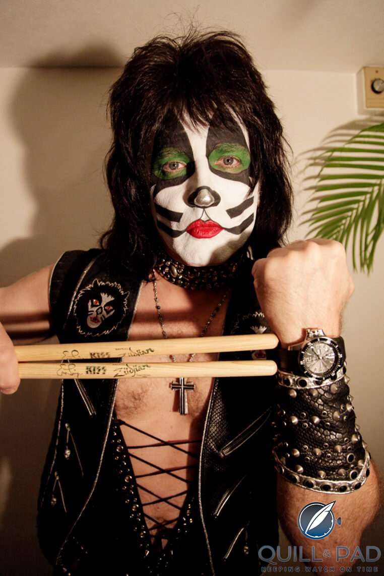 Eric Singer in Kiss Catman makeup wearing the Ball Engineer Hydrocarbon Airborne (photo courtesy Ball Watch)