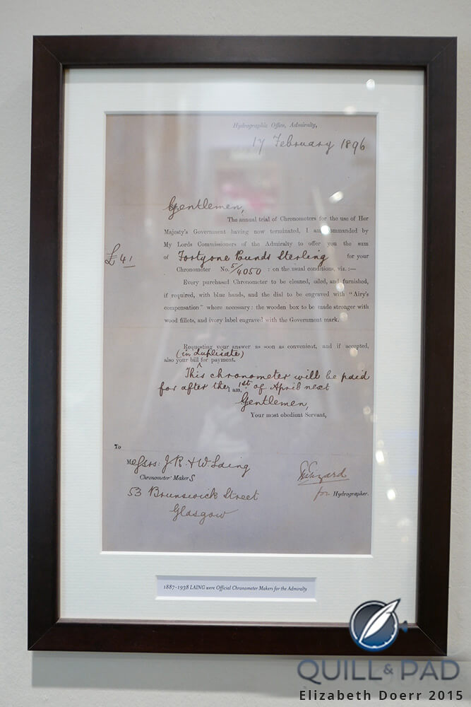 Certificate confirming that J.R. and W. Laing were the official chronometer makers to the British admiralty