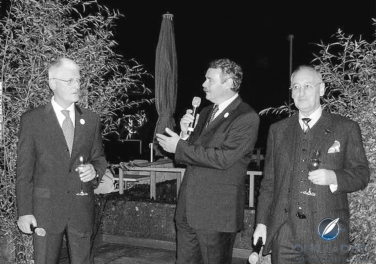 Eric Moser (original president of the board, not related to this Moser family), Dr. Jürgen Lange, and Roger Balsiger (great-grandson of Heinrich Moser) at the H. Moser & Cie launch event in 2005