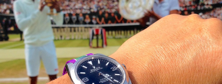 Rolex Oyster Perpetual Explorer on Wimbledon-colors NATO strap at Wimbledon