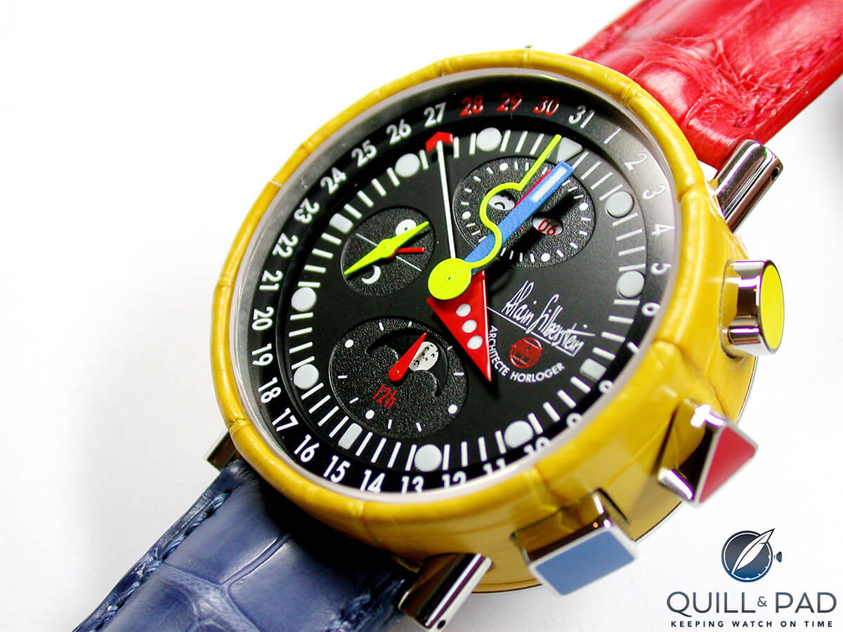 The Alain Silberstein Krono Bauhaus 2 Alligator Tricolor of 2006; note the case covered with yellow alligator leather