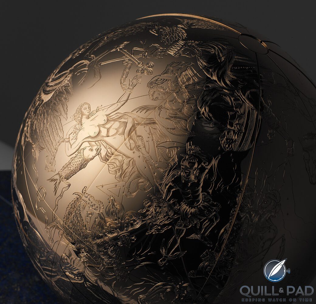 Intricately engraved globe of the Vacheron Constantin Esprit des Cabinotiers with petals closed