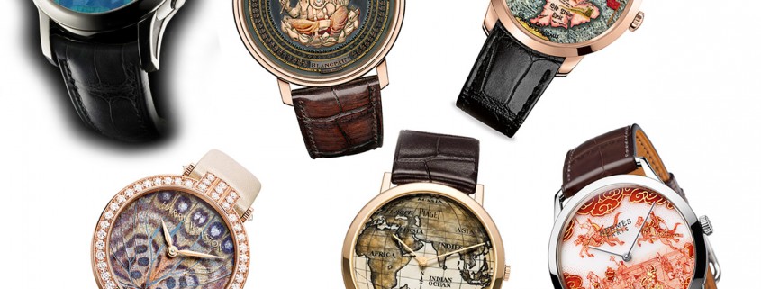 Artistic crafts pre-selected for the 2015 GPHG. Clockwise from top left: Romain Gauthier Logical one Secret Kakau Höfke, Blancpain Villeret with Shakudo dial, Girard-Perregaux The Chambers of Wonders - The New World, Hermès Slim d'Hermès Koma Kurabé, Piaget Altiplano Scrimshaw, and Harry Winston Premier Precious Butterfly Automatic 36mm