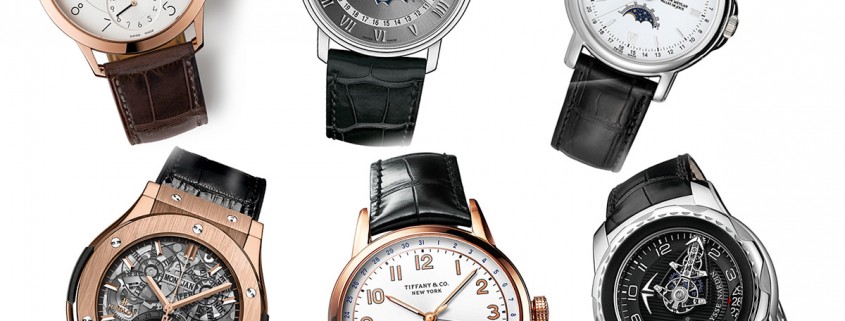 Calendar watches pre-selected for the 2015 GPHG. Clockwise from top left: Hermès Slim d'Hermès QP, Blancpain Villeret, Quantième Complet, Claude Meylan Full Calendar, Ulysse Nardin FreakLab, Tiffany & Co CT60 Annual Calendar, and Hublot Classic Fusion Aeromoon