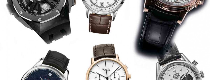 Chronograph watches pre-selected for the 2015 GPHG. Clockwise from top left: Audemars Piguet Royal Oak Concept Laptimer Michael Schumacher, Longines The Longines Column-Wheel Single Push-Piece Chronograph, Louis Moinet Memoris, Tag Heuer Carrera Calibre 18 Chronograph, Piaget Altiplano Chrono, and Montblanc Heritage Chronométrie ExoTourbillon Minute Chronograph Vasco da Gama