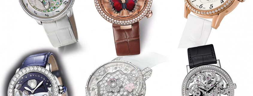 High Mech Ladies watches pre-selected for the 2015 GPHG. Clockwise from top left: Fabergé Lady Compliquée Peacock, Jaquet Droz Lady 8 Flower, Montblanc Bohème Perpetual Calendar Jewellery, Piaget Altiplano 1200S, Chaumet Hortensia Creative Complication, and Bulgari Il Giardino Notturno