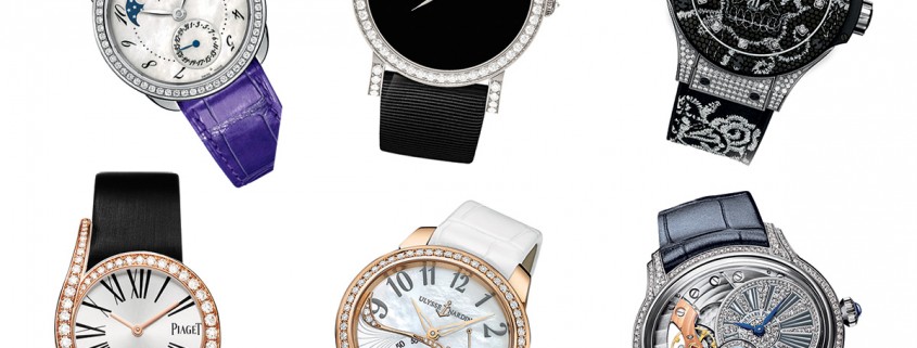 Ladies watches pre-selected for the 2015 GPHG. Clockwise from top left: Hermès Arceau Petite Lune with diamonds, DeLaneau Rondo 42 Peony, Hublot Big Bang Broderie, Audemars Piguet Millenary, Ulysse Nardin Jade, and Piaget Limelight Gala