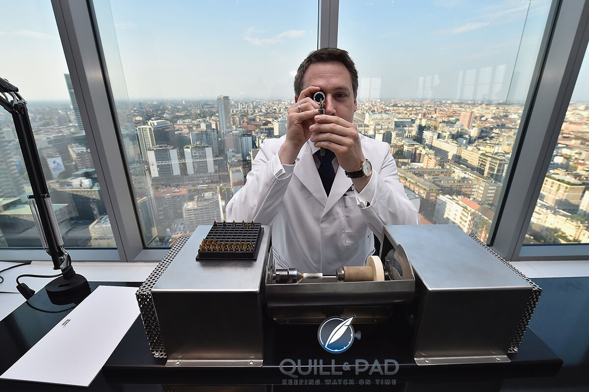 Montblanc nib expert controlling quality from a perch high above Milan
