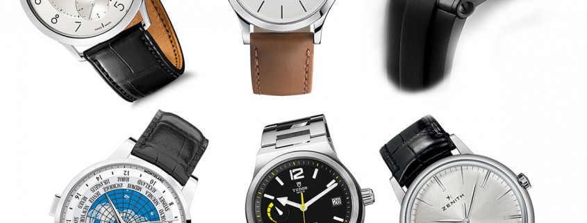 Petite Aiguille watches pre-selected for the 2015 GPHG. Clockwise from top left: Hermès Slim d'Hermès, Habring2 Felix, Bulgari Diagono Magnesium, Zenith Elite 6150, Tudor North Flag, and Montblanc Heritage Spirit Orbis Terrarum